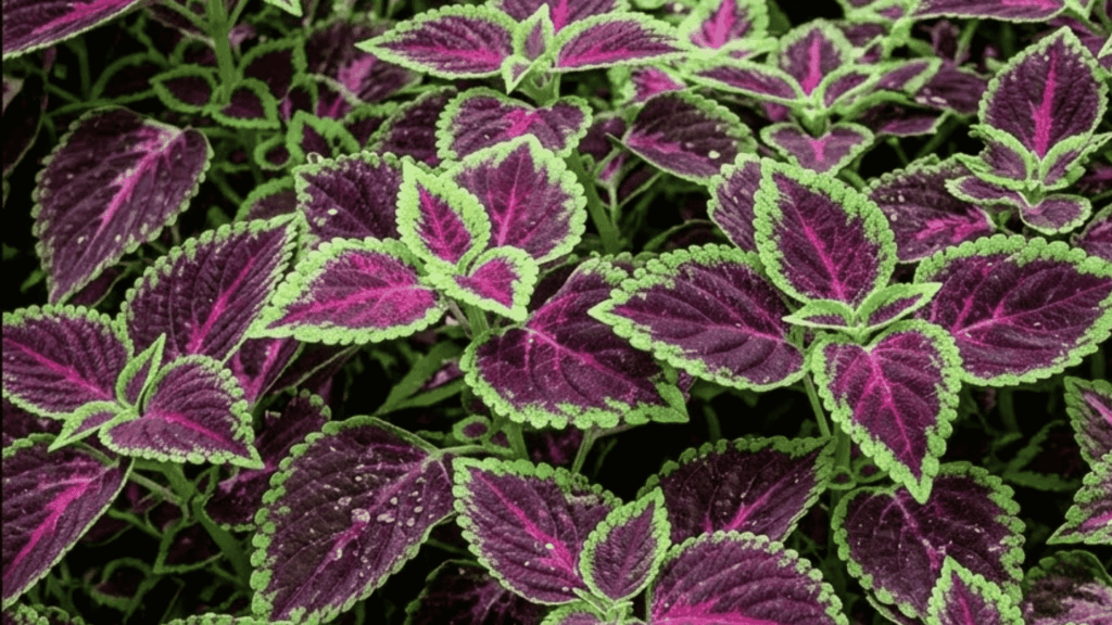 coleus plant with vibrant red green and yellow patterned leaves in a garden setting