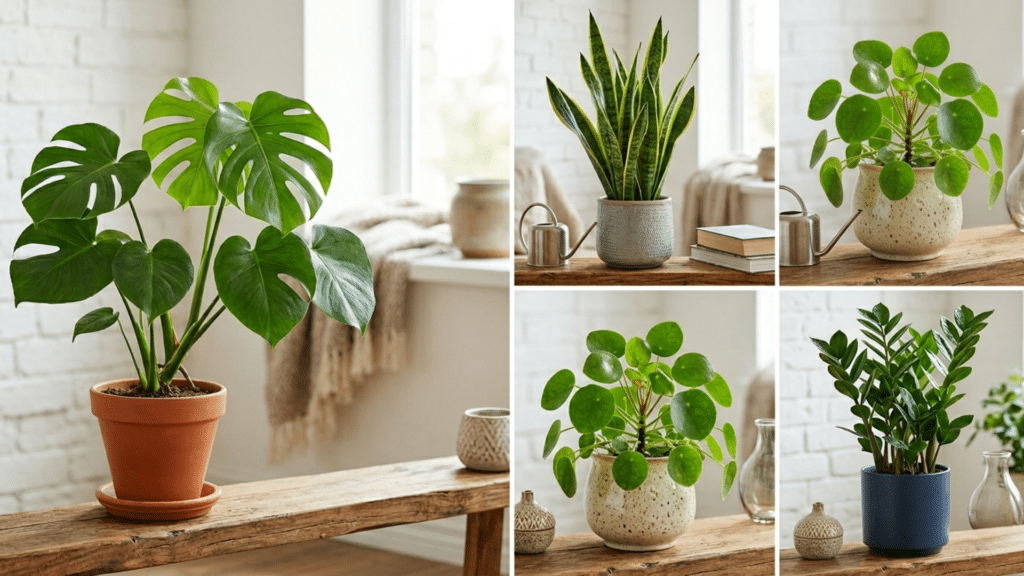 collage of different palm plants indoor with different shaped green leaves in pot