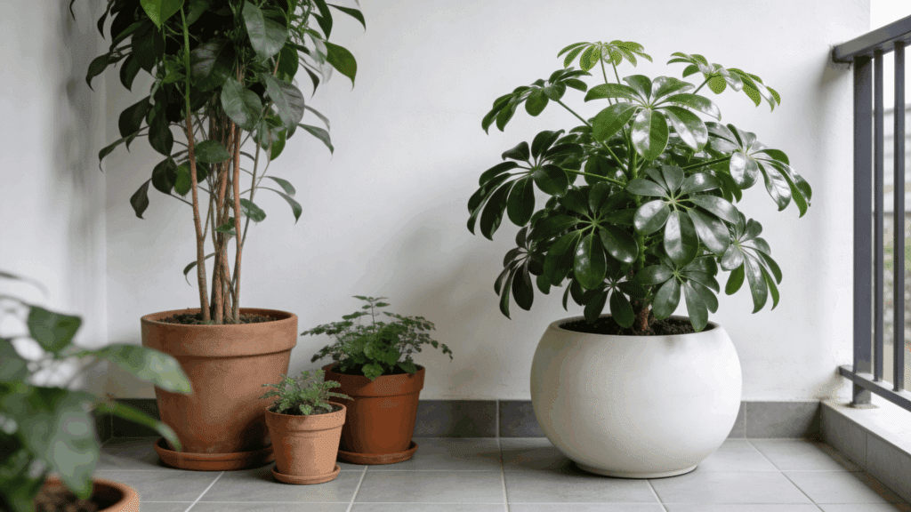 collection of indoor potted plants on a tiled balcony floor with white walls and a railing on the side