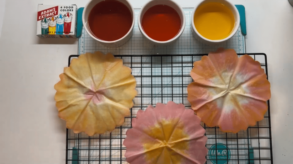 colored coffee filters drying on rack with soft shades