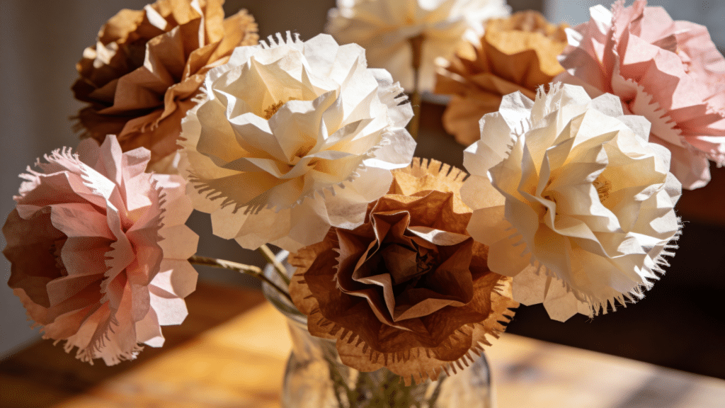 colorful coffee filter flowers arranged in glass vase
