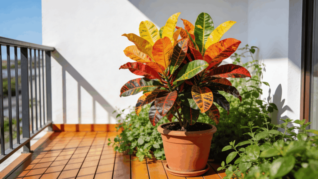 colorful croton plant in a clay pot on a sunny balcony with wooden floor railing and surrounding green plants