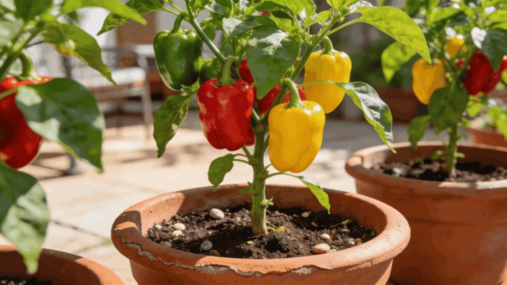 colorful red yellow and green peppers growing on small plant in clay pot in sunny garden growing bell peppers in pots