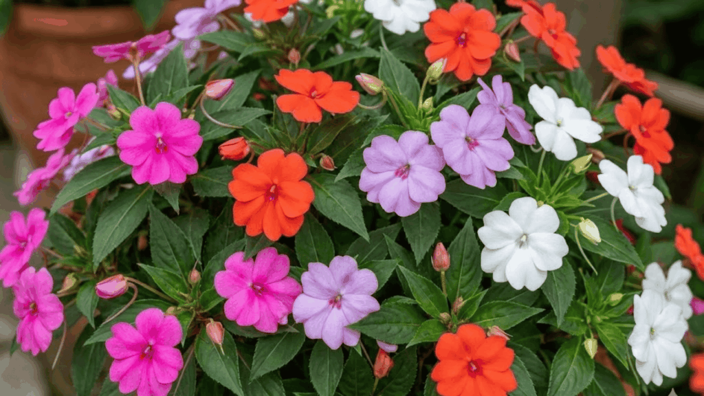 colourful impatiens flowers blooming in a shaded garden corner with fresh green leaves