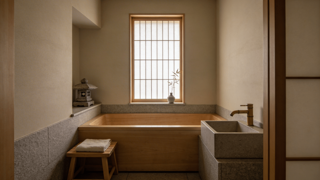 compact japanese zen bathroom design with wooden soaking tub stone sink