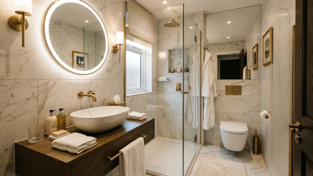 compact luxury hotel style bathroom with elegant finishes glass shower and refined fixtures in small space