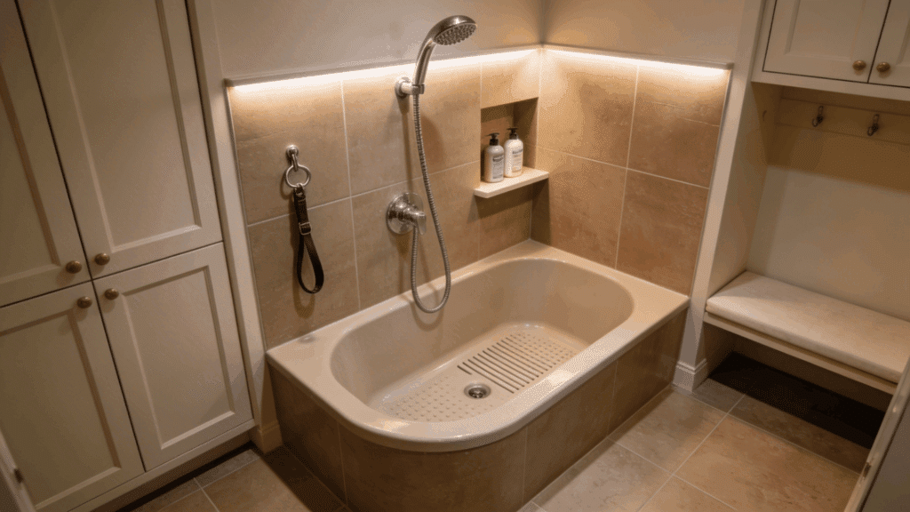 compact tiled dog wash station with shower head and shelf creating practical pet cleaning area