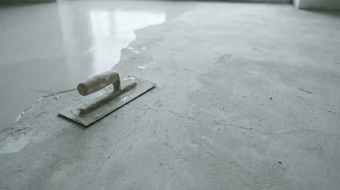 Concrete trowel resting on rough gray floor with smooth finishing in progress