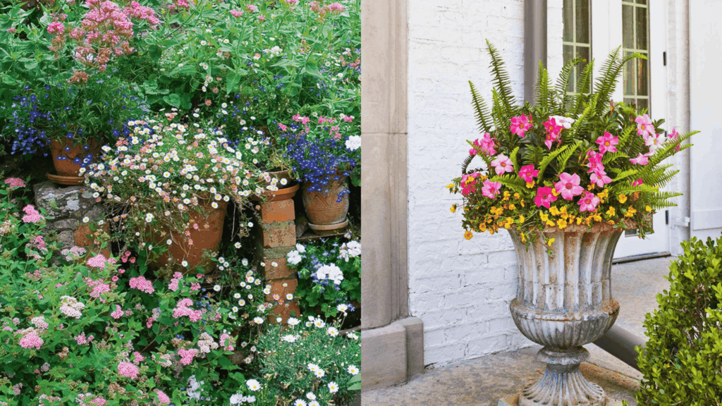 container garden ideas with colorful flowers in pots and decorative planters arranged outdoors near a home