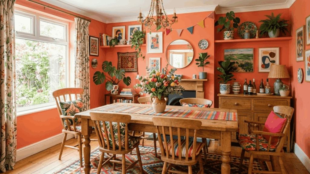 coral dining room with wooden furniture bright decor and natural light creating a cheerful inviting room