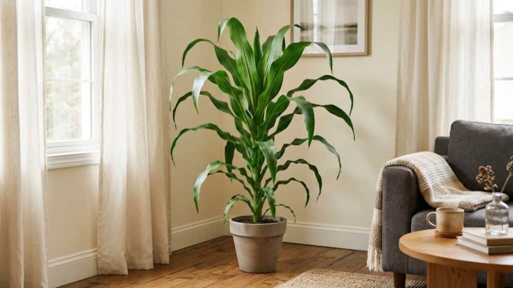 corn plant with arching leaves in indoor setting showing reliable low care plant growth