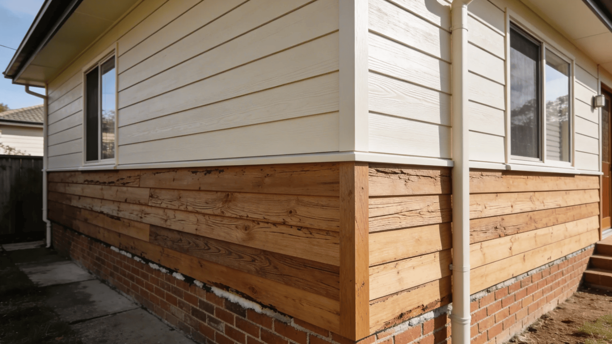 corner of house with wood siding above brick foundation and downspout on exterior wall