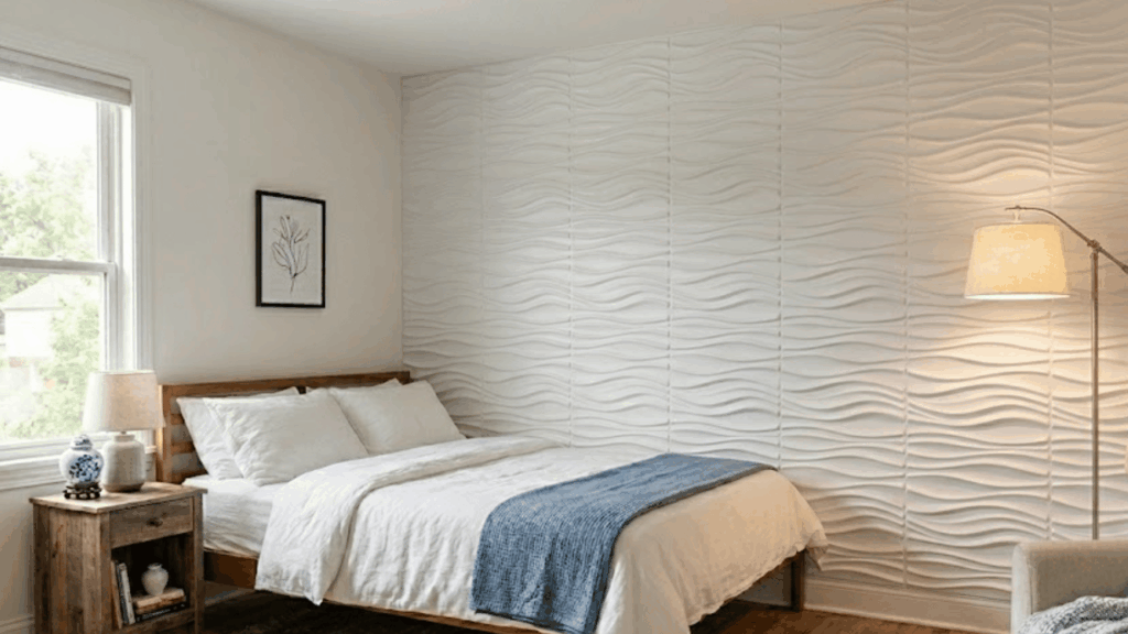 cozy bedroom with white bedding wooden nightstand and textured wall panels lit by soft lamp glow