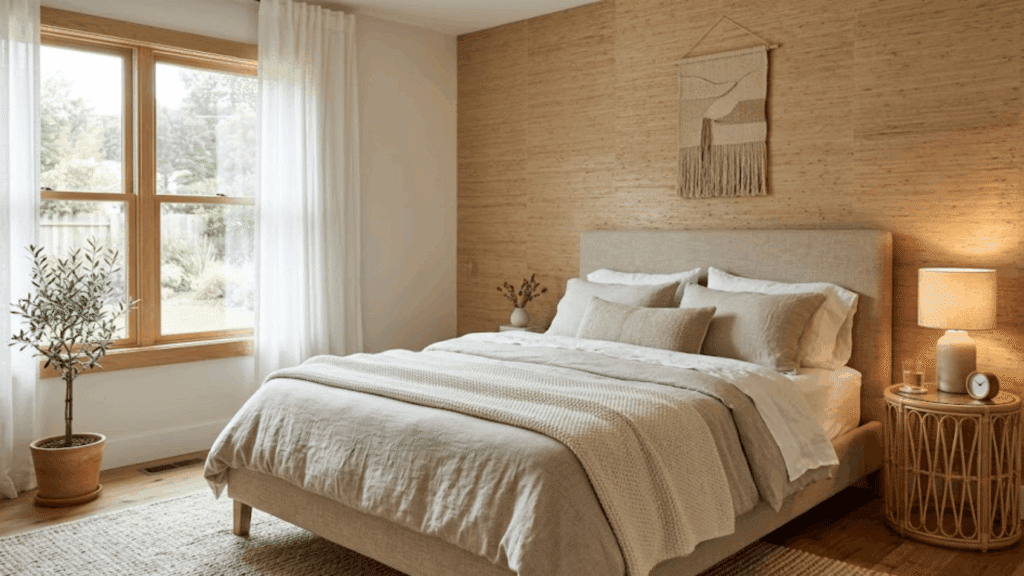 cozy bedroom with woven wall decor soft bedding and natural light