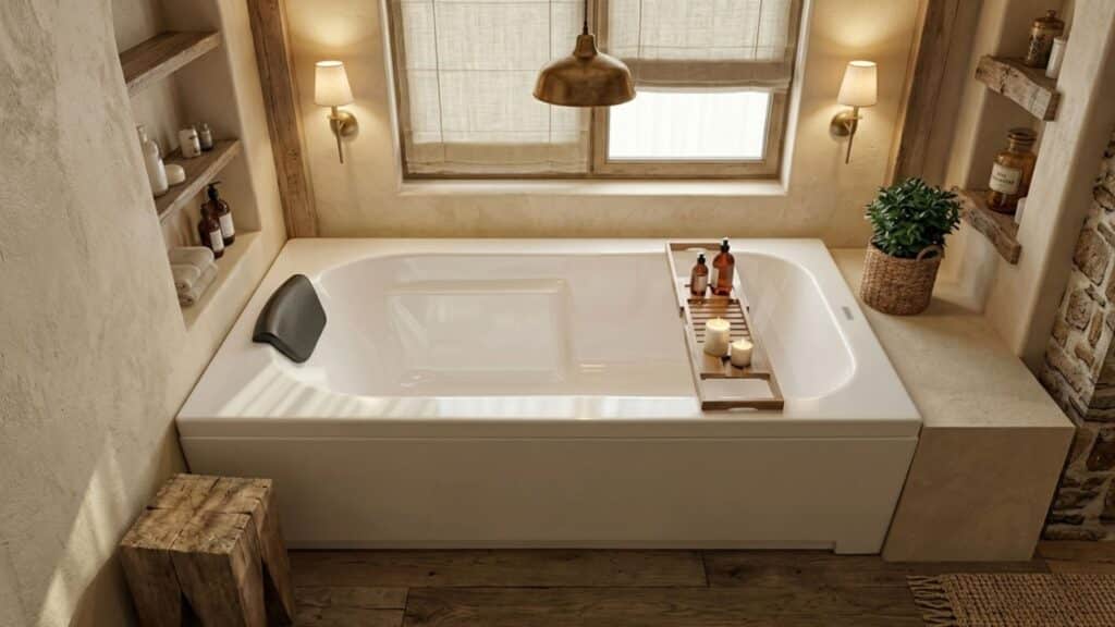 cozy built in bathtub beneath window with wooden tray candles bottles shelves soft lighting and rustic decor surrounding space