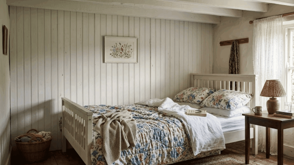 cozy cottage bedroom with floral quilt wooden table and window light