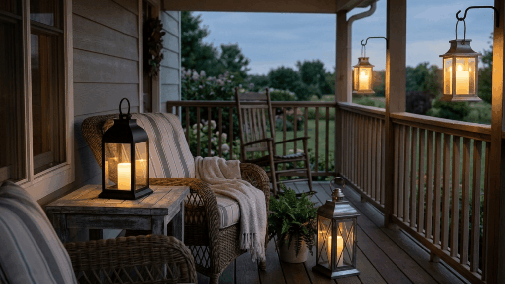 cozy farmhouse front porch with wicker chairs soft blankets lantern lights and wooden railing at sunset