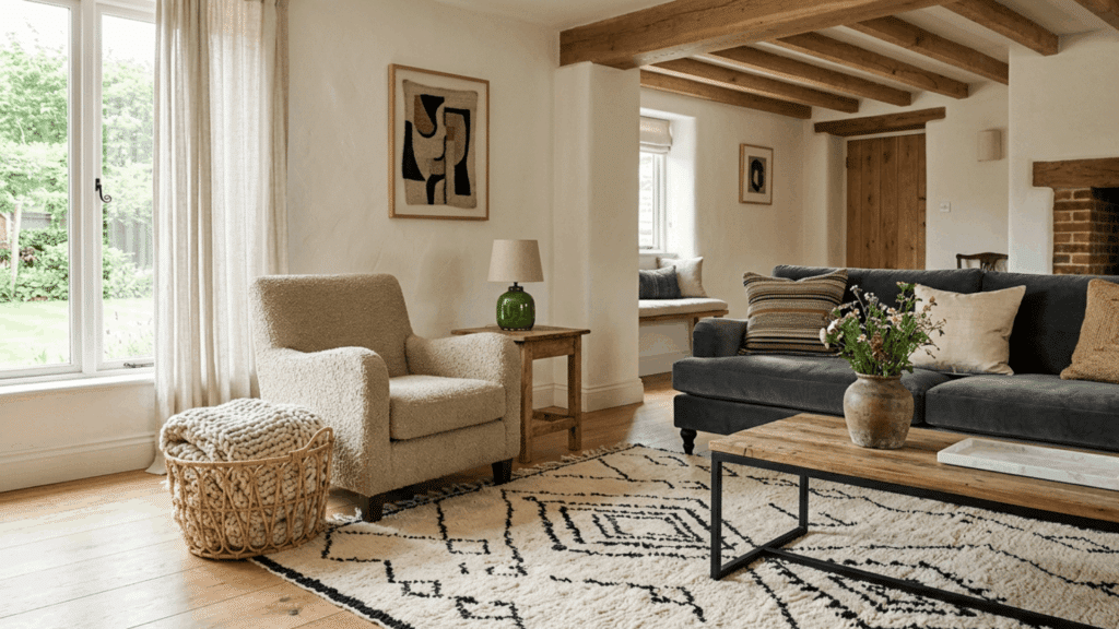 cozy living room with neutral tones wooden beams soft rug dark sofa and natural light from large window
