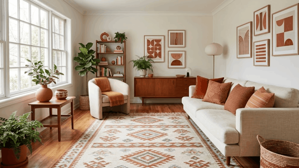 cozy living space with orange accents plants and rug showing principles of interior design harmony