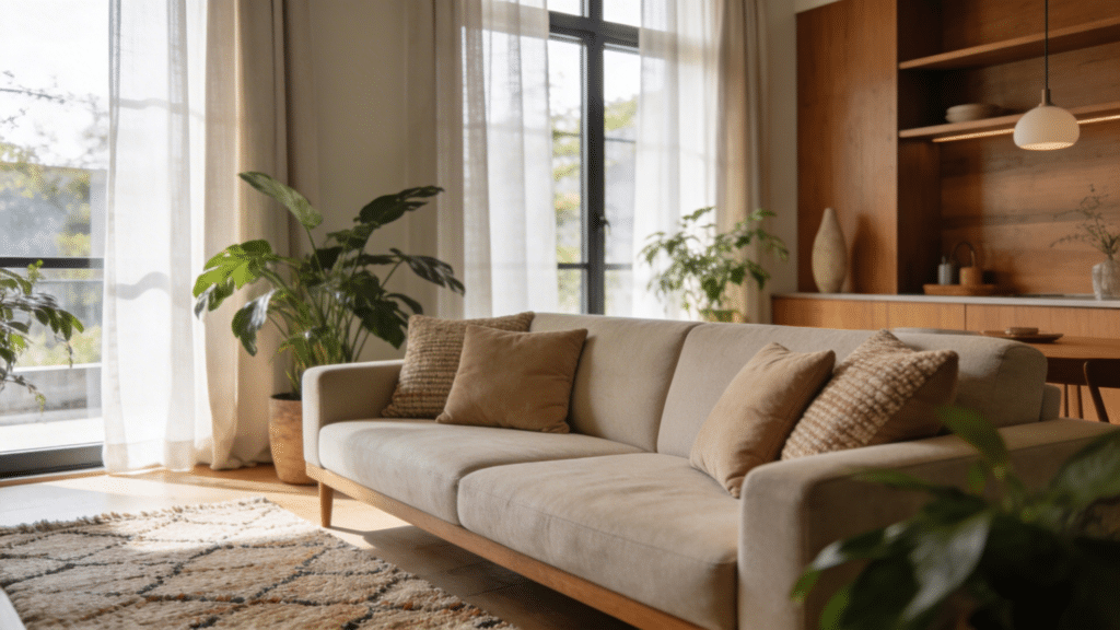 cozy neutral living room color schemes with beige sofa warm wood accents soft curtains and natural greenery