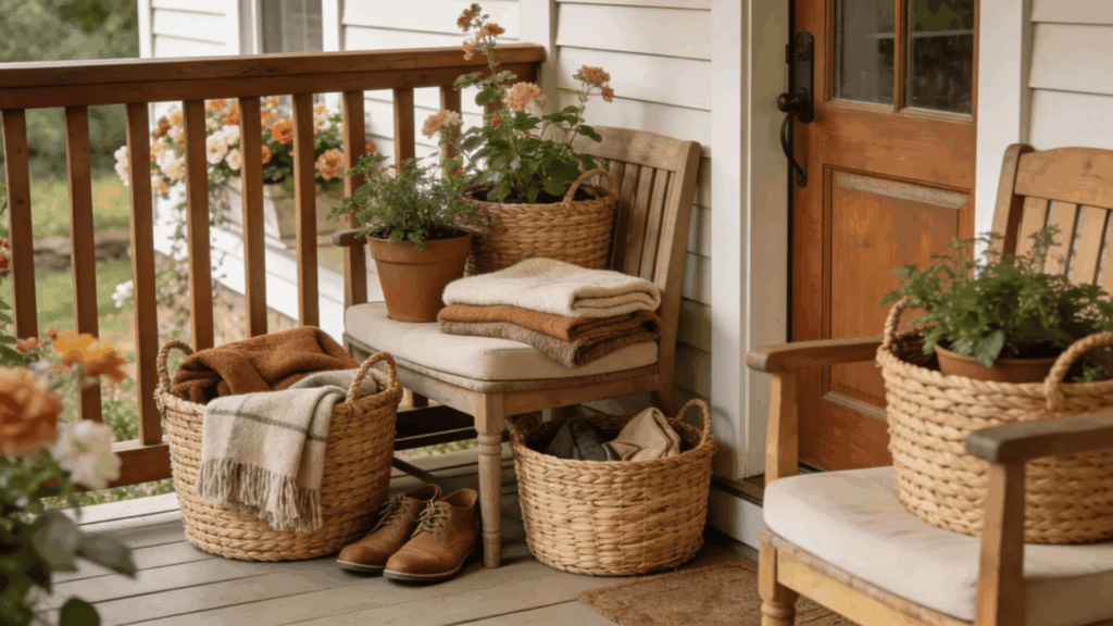 cozy porch seating baskets blankets potted plants wooden chairs warm rustic entry decor