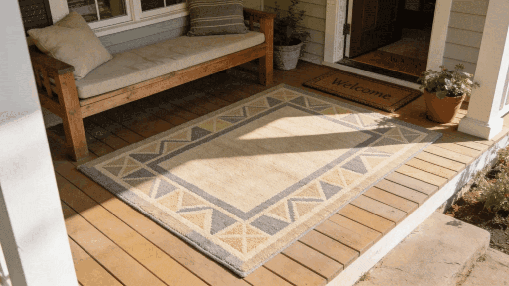 cozy porch seating bench patterned rug welcome mat potted plant warm sunlight entry