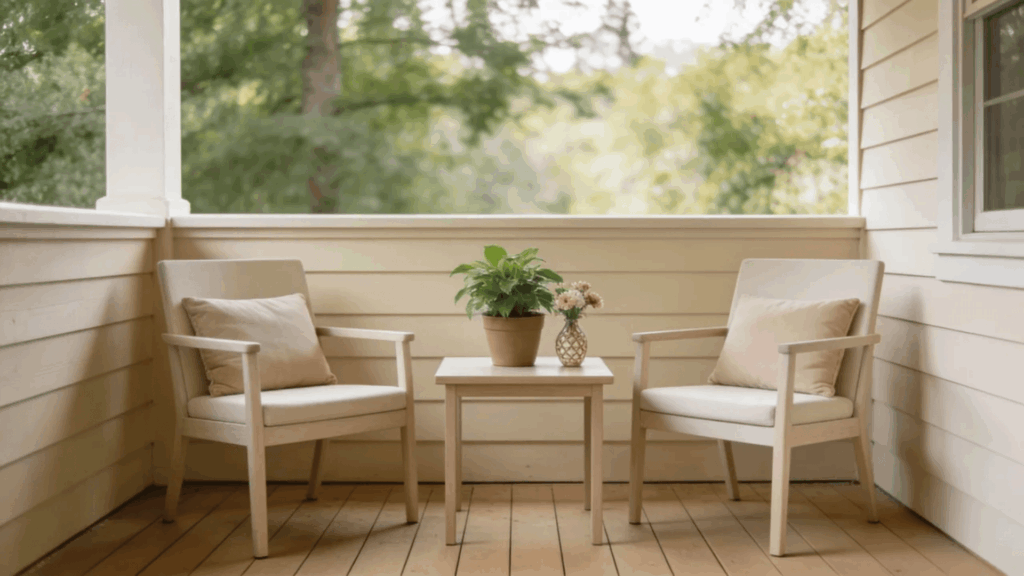 cozy porch seating two chairs small table potted plant soft cushions peaceful view