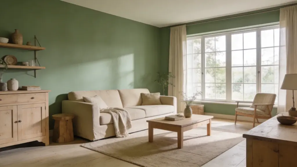 cozy sage green and beige living room with natural light wooden furniture soft textures and a warm earthy interior design style