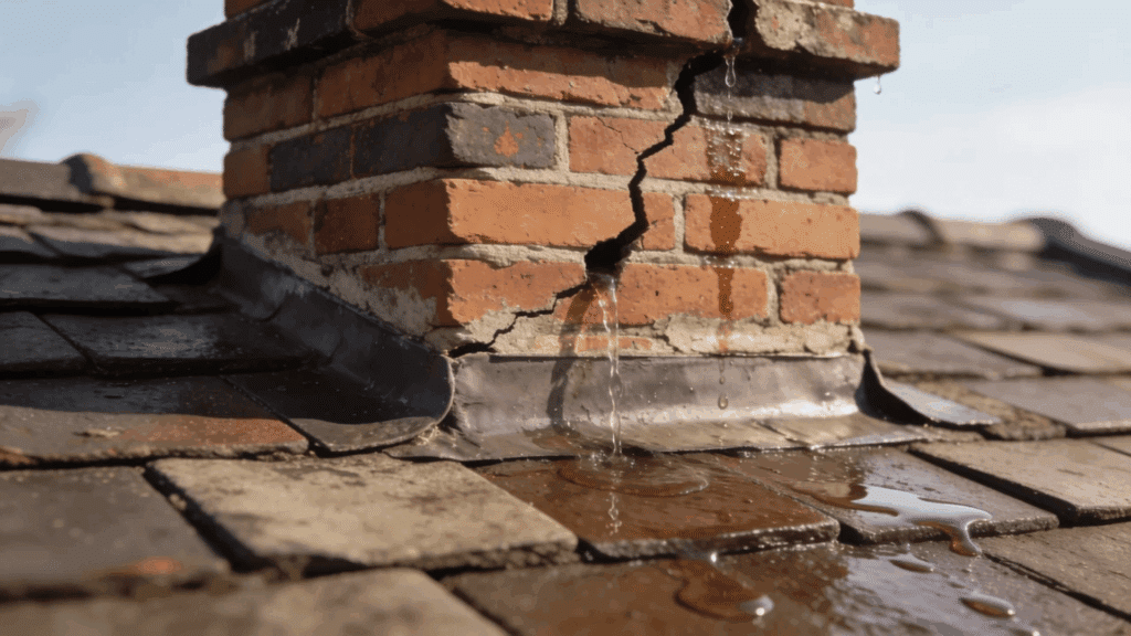 cracked chimney with water leaking on roof showing roof leak repair cost concept