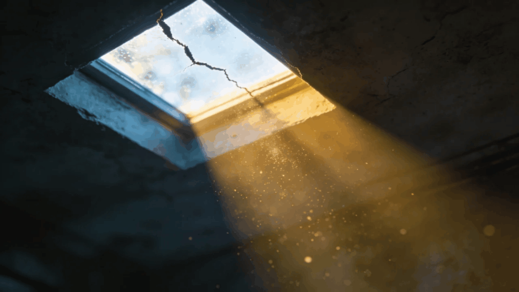 cracked skylight with sunlight and dust showing roof leak repair cost concept