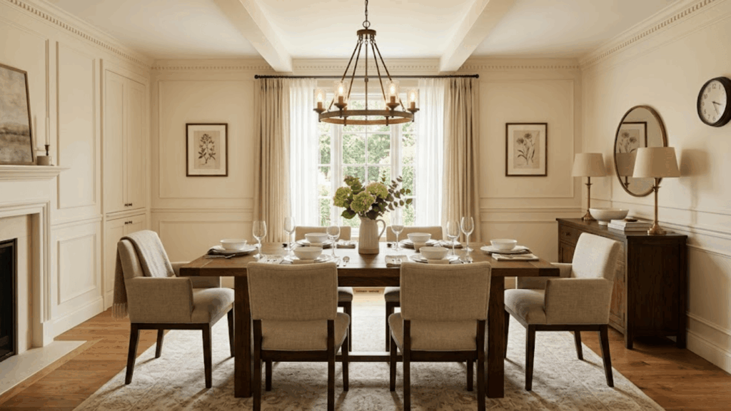 cream dining room with wooden table soft lighting and neutral decor creating a warm timeless space