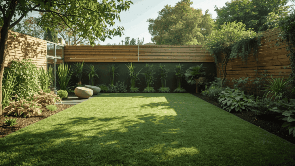create a minimal lawn area for low maintenance landscaping with small grass space and simple plants around the yard