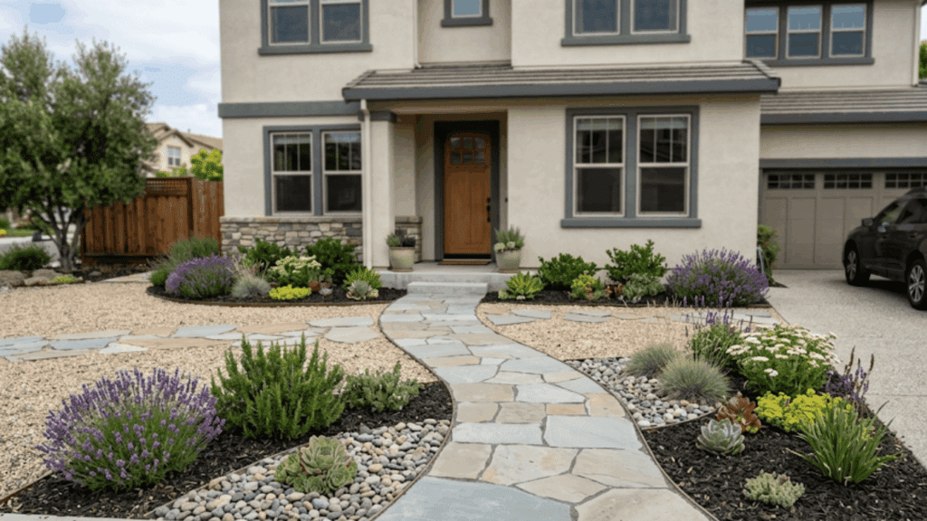 create a simple layout for low maintenance landscaping with clean path gravel areas and spaced plants around house