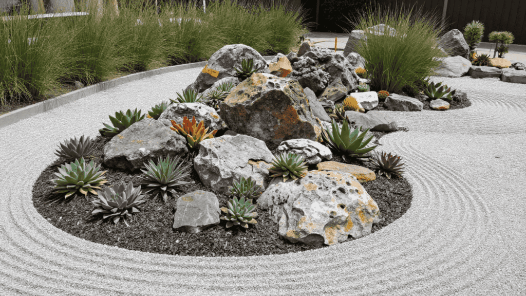 create rock gardens for low maintenance landscaping with stones and small plants in a clean easy care yard
