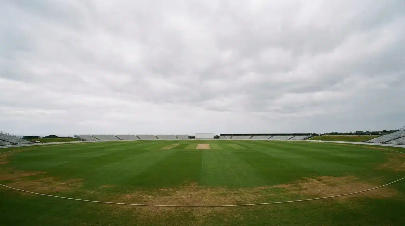 Empty cricket stadium with green field under overcast sky