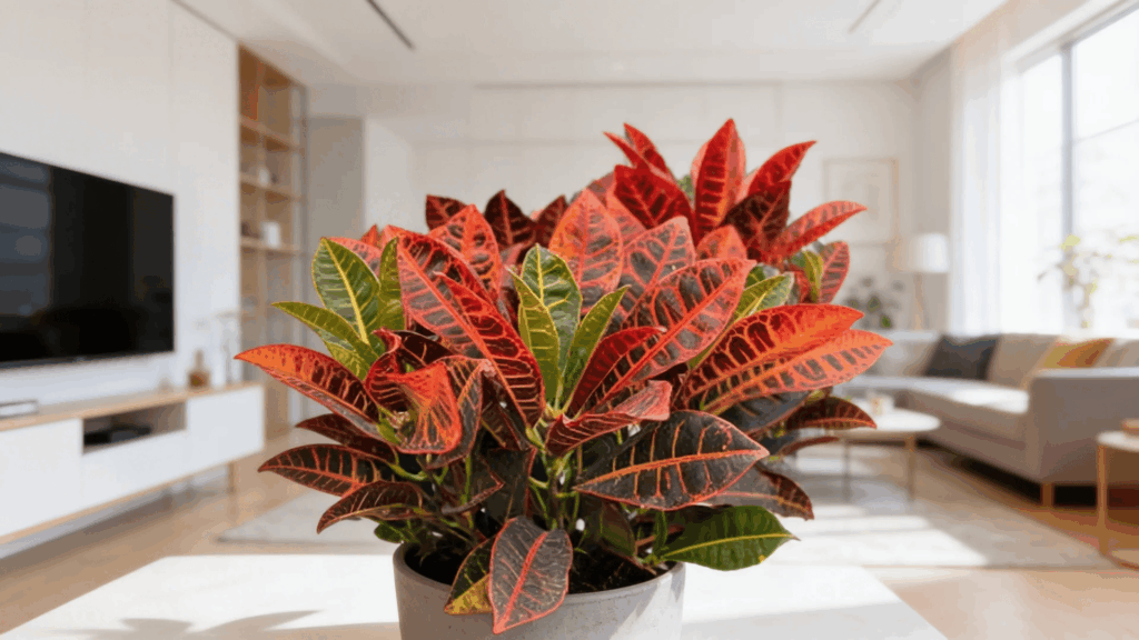 croton plant with colorful leaves placed in bright indoor space with clean modern background