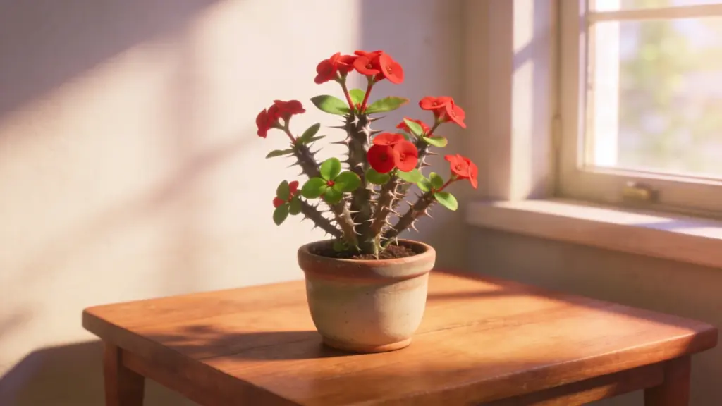 crown of thorns plant with spiky stems, green leaves, and bright red flowers in a pot on a wooden table near a sunny window