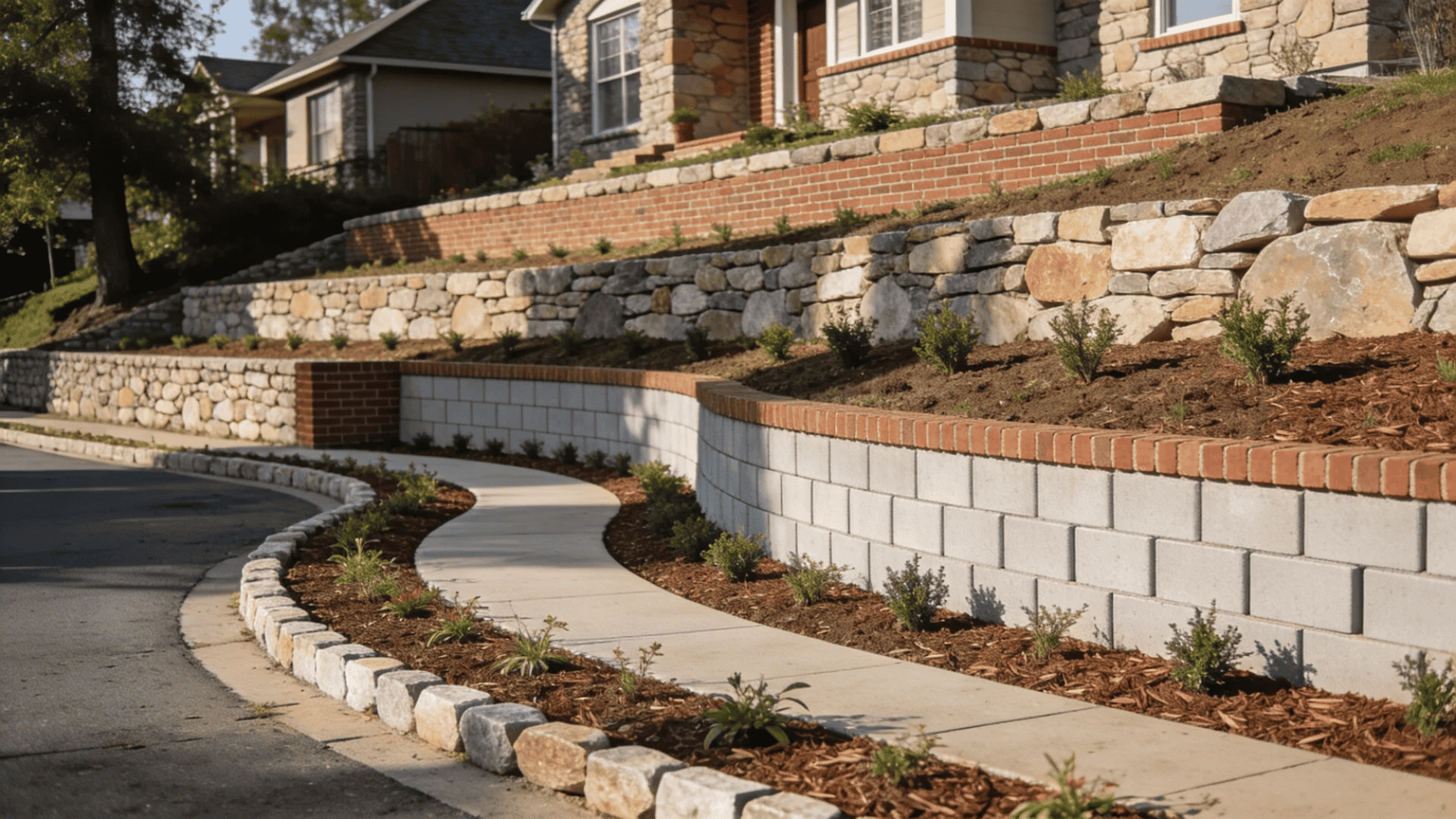 curved sidewalk with tiered stone and brick retaining walls and small plants along landscaped yard