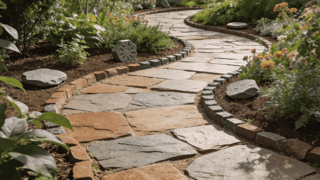 curved stone garden pathway bordered with bricks and flowers winding through lush landscaped garden in sunlight