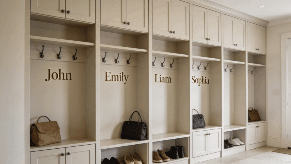 custom mudroom cubbies labeled with names and hooks shoes and bags creating organized family storage area