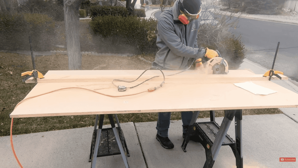 cutting mdf shelves with a circular saw using a straightedge guide for straight cuts
