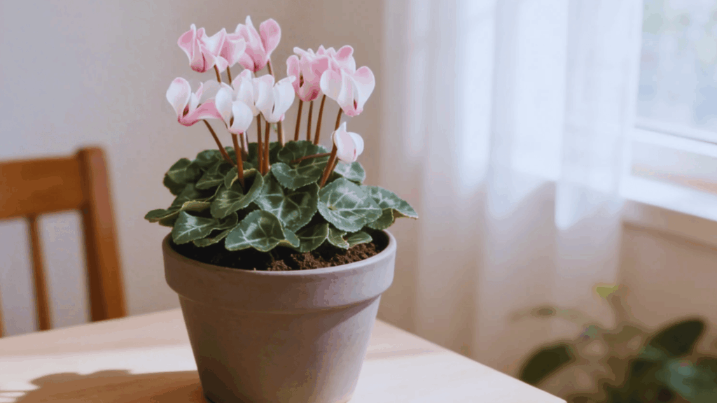 cyclamen plant with pink flowers in gray pot on wooden table near window with soft indoor light