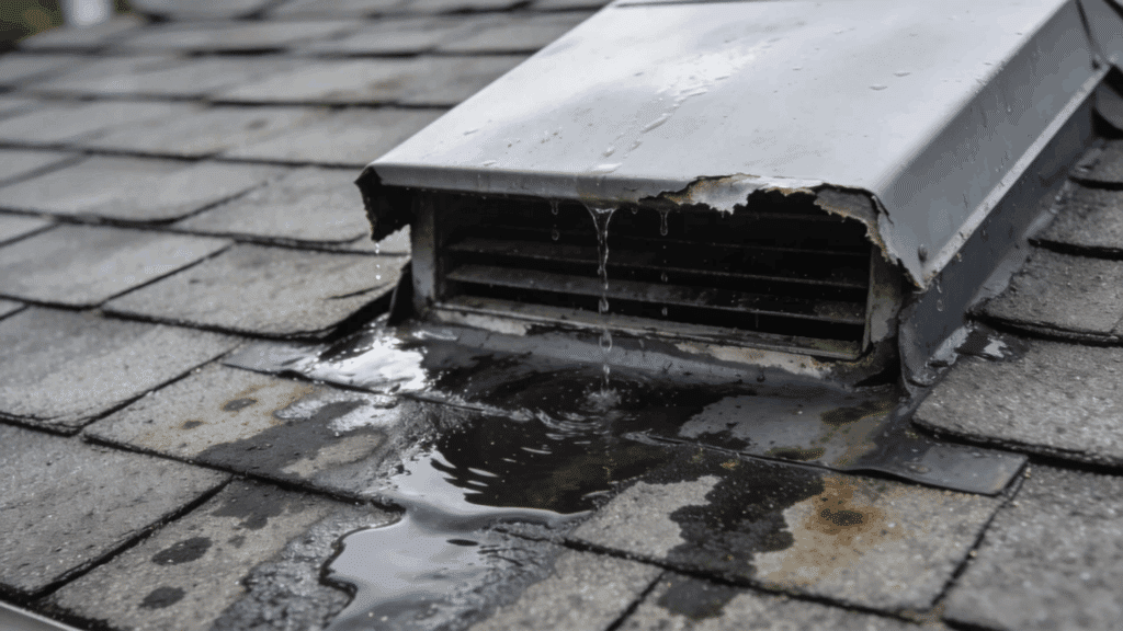 damaged roof vent with water leak on shingles showing roof leak repair cost concept