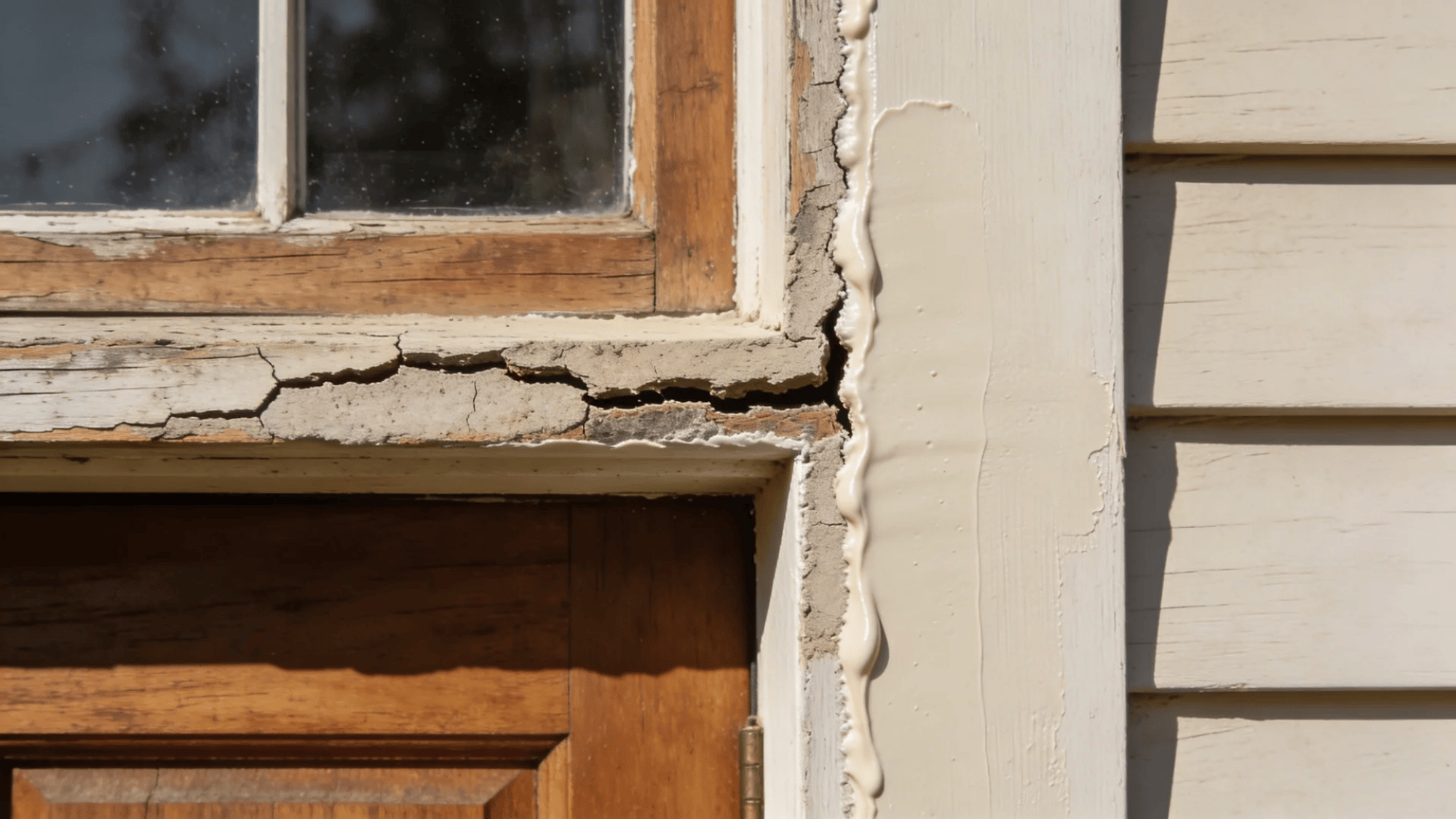 damaged window frame with cracked wood and peeling paint and fresh sealant applied