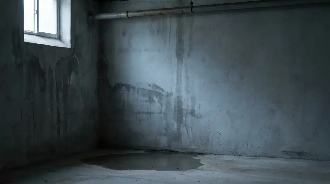 Dimly lit concrete basement corner with wet stain on the floor near a window