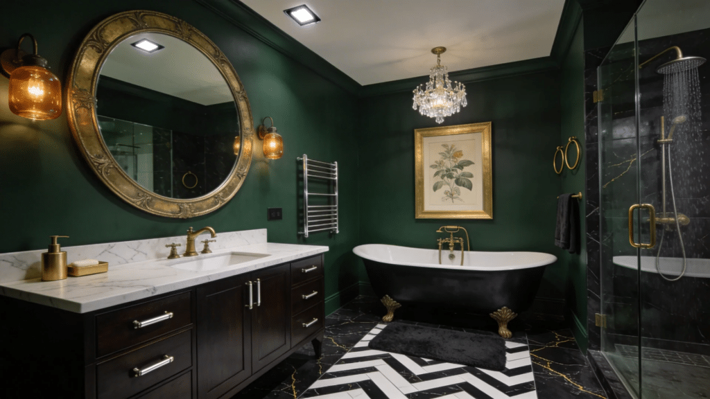 dark moody luxe bathroom design with green walls gold fixtures and elegant rich details
