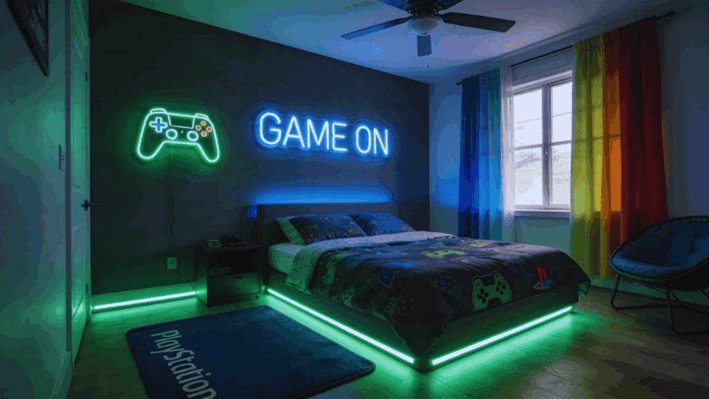 dark theme led bedroom with neon game on sign led lights