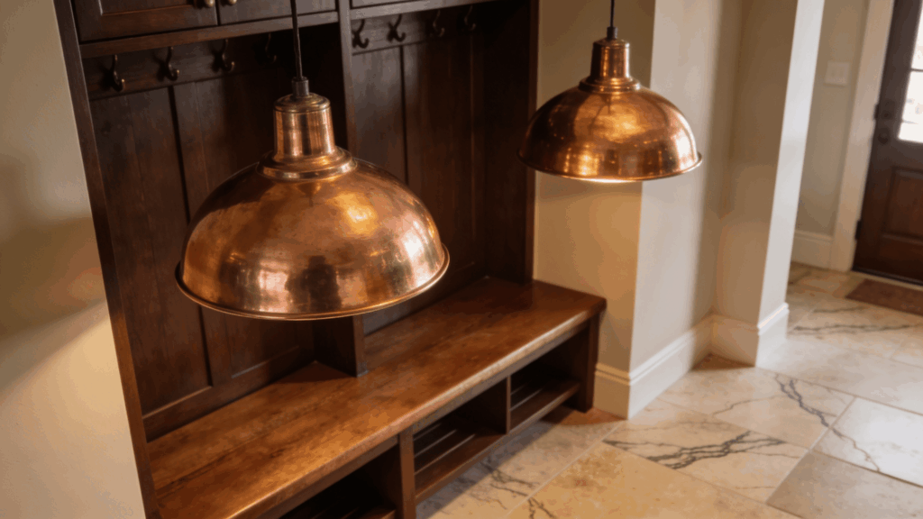 dark wood bench with copper pendant lights and hooks creating warm inviting mudroom seating area