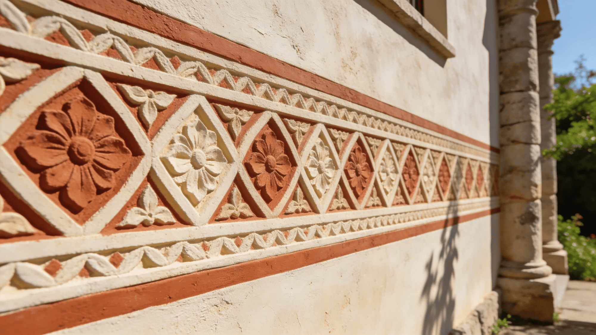 decorative exterior wall with geometric floral pattern in earthy tones near columned structure