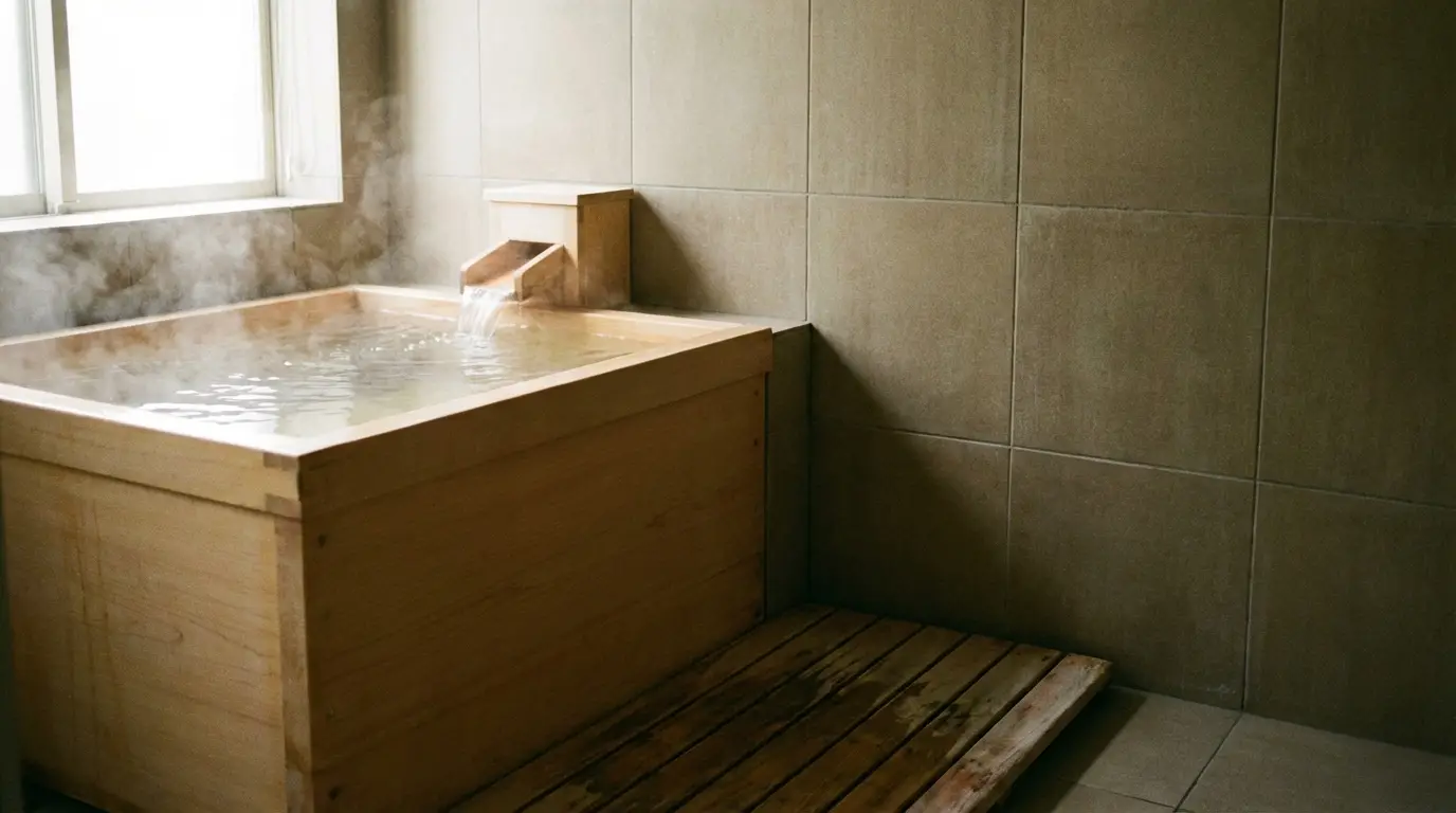 Wooden Japanese soaking tub with steam in a tiled bathroom setting